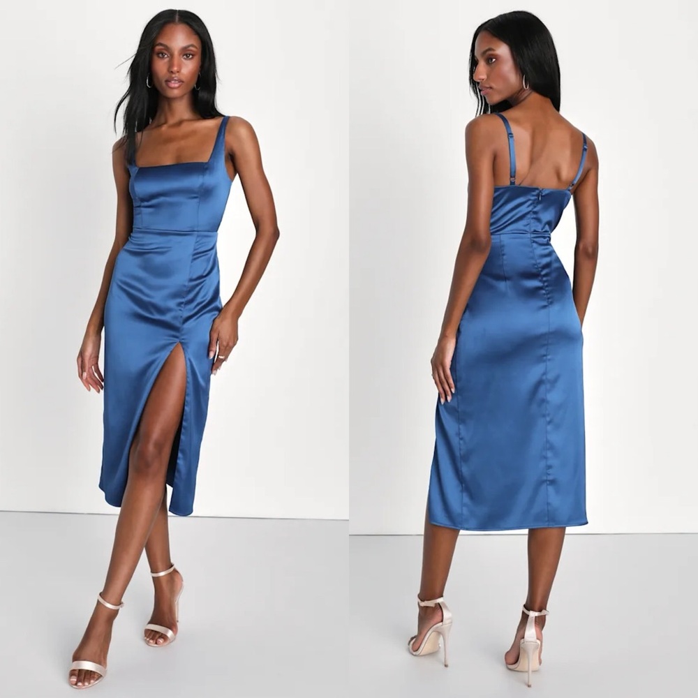 Lulus | Keep It Precious Blue Satin Sleeveless Midi Dress